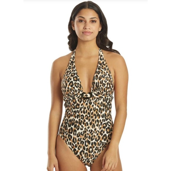 Kate Spade Women's Leopard Heart Buckle Halter One Piece Swimsuit animal print - Picture 1 of 13